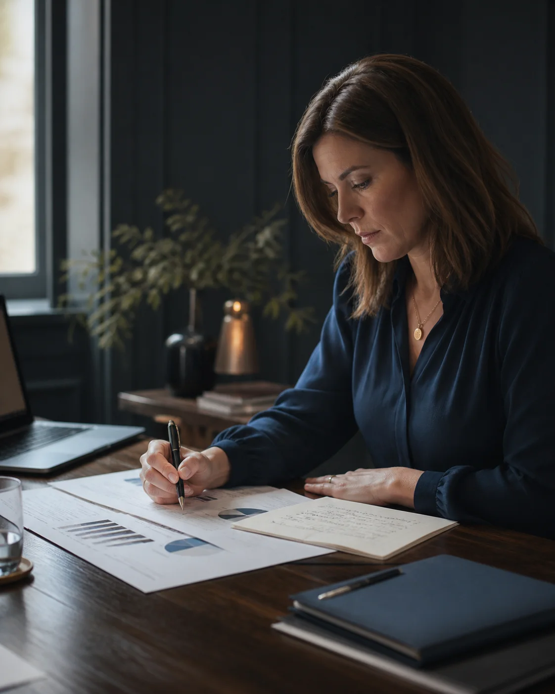 A professional reviewing financial charts and handwritten notes at a desk.
