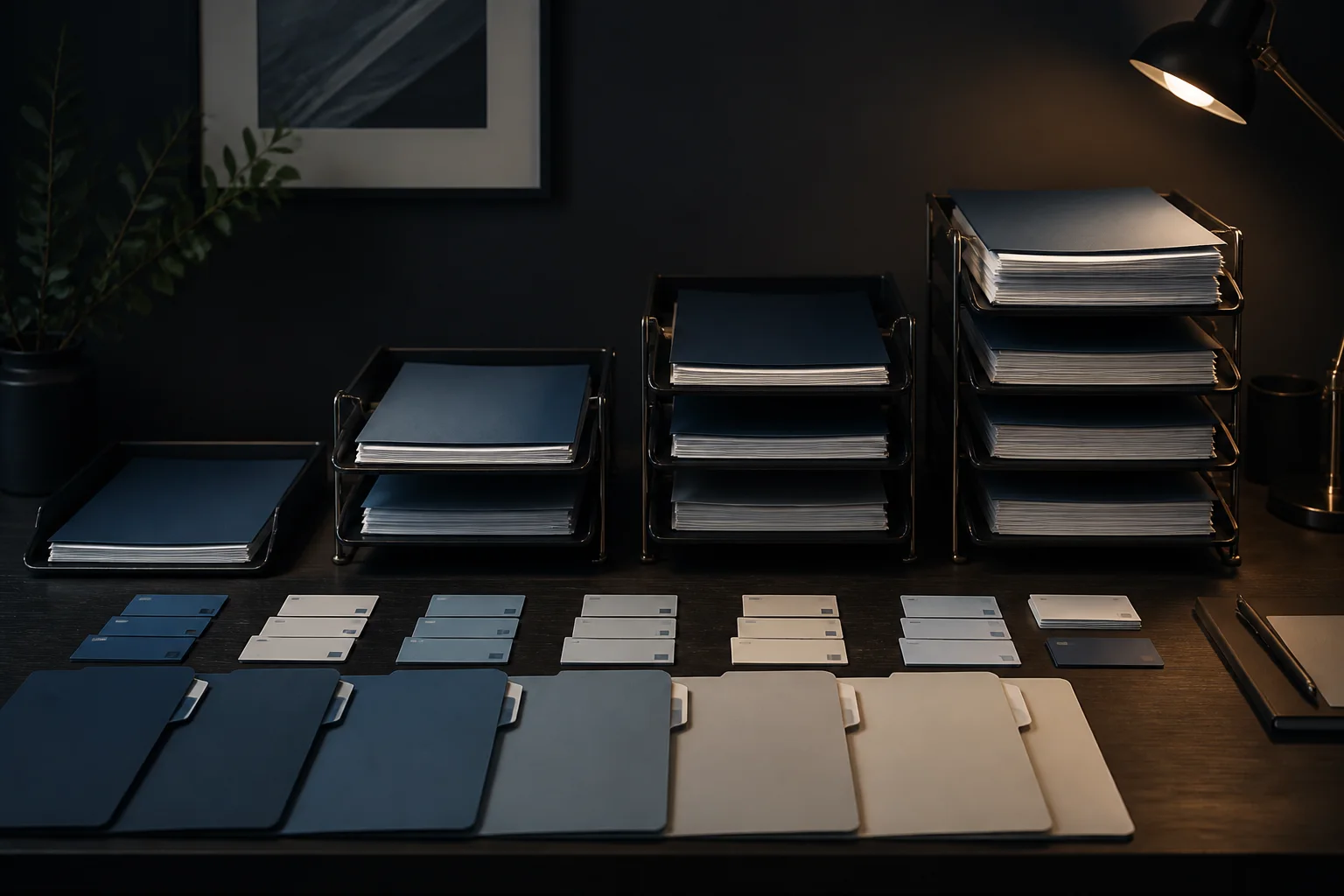 Rows of document trays holding increasing stacks of paperwork, illustrating growing processing volume.