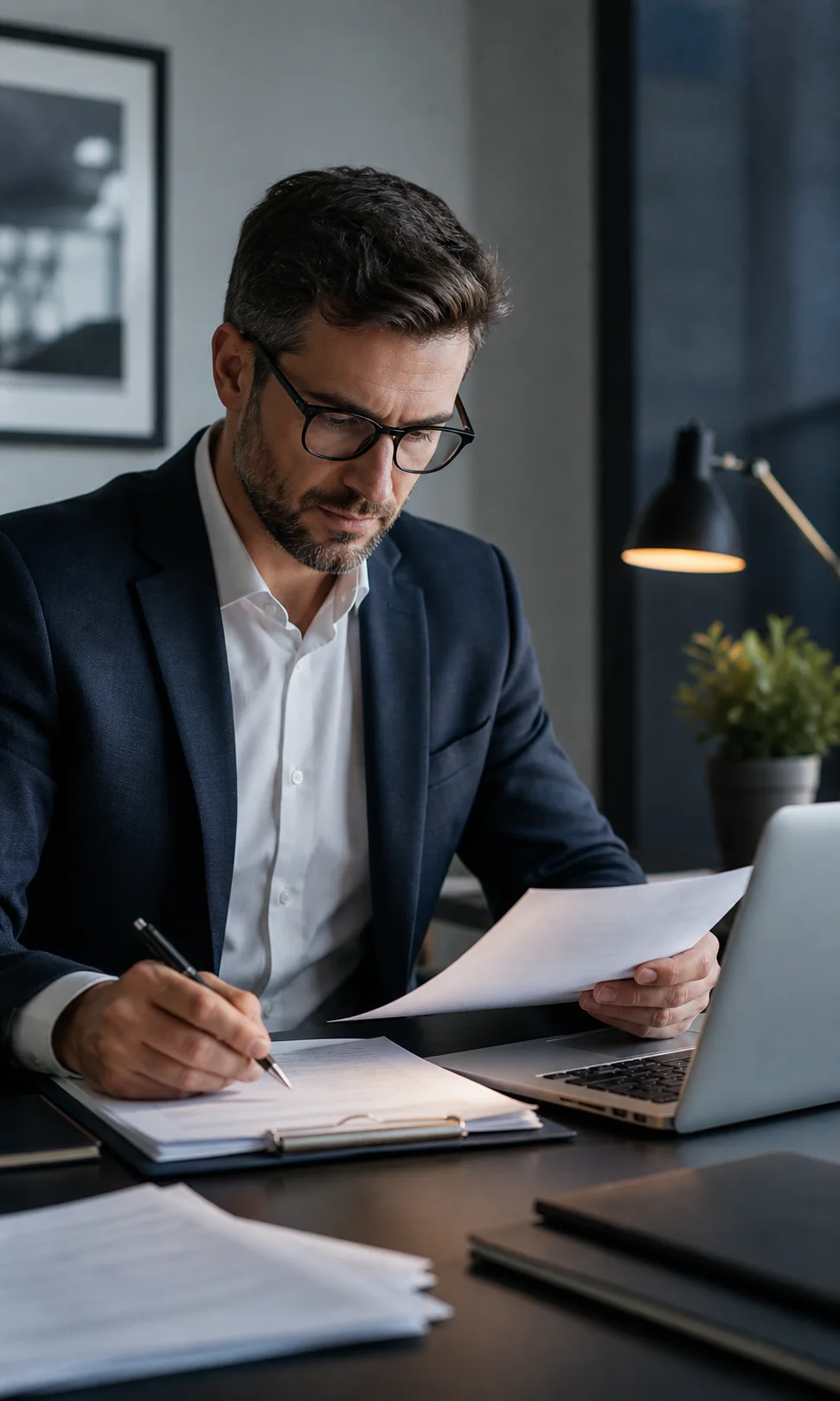 A professional reviewing loan paperwork and a laptop at a desk.